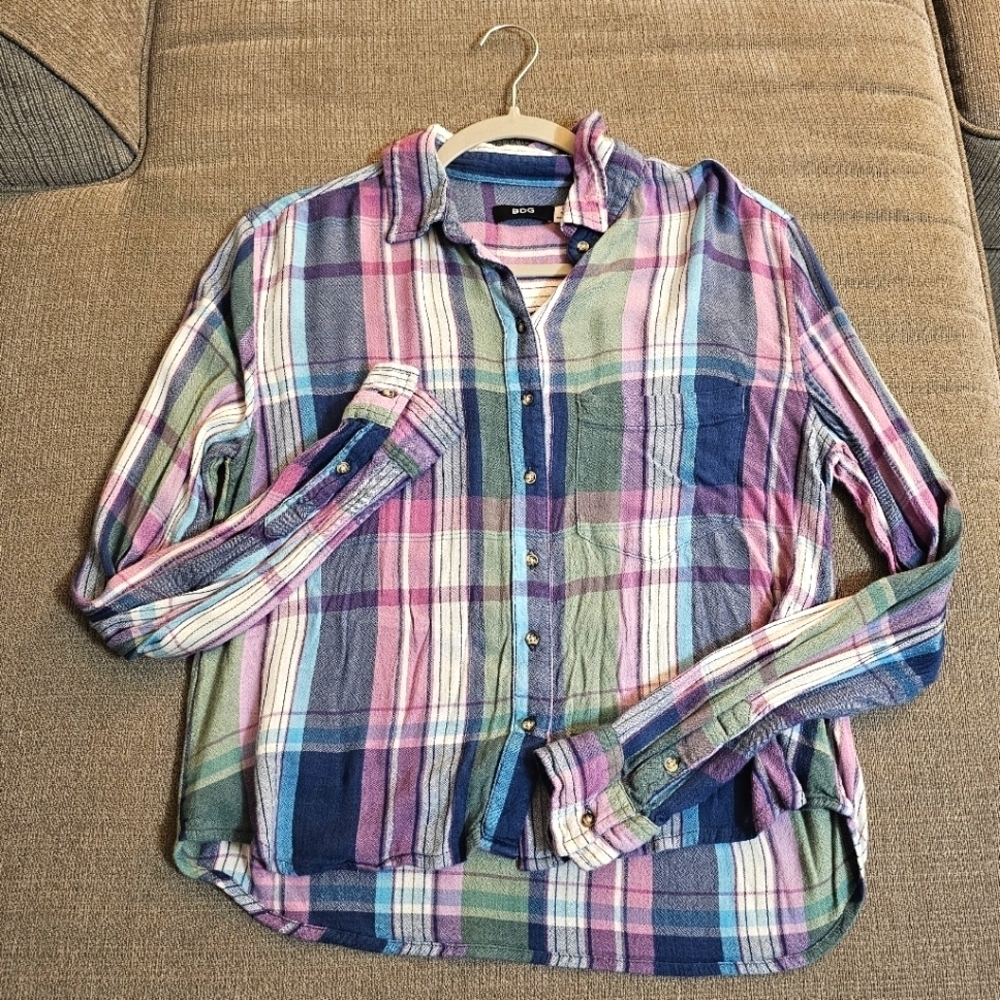 BDG Blue Purple Plaid Casual Cropped Button Longsleeve Top Size Small